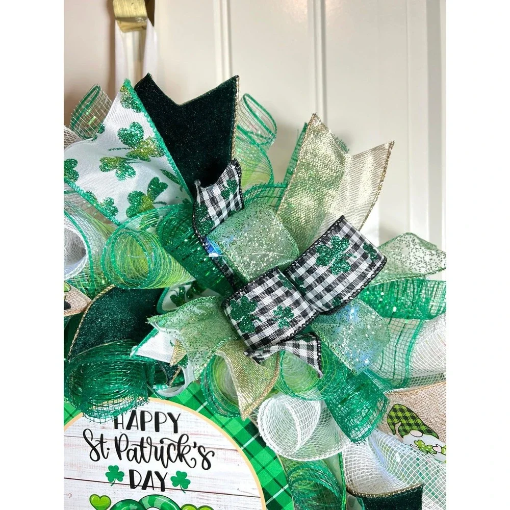Handmade Happy St. Patrick’s Day Gnome Ribbon Prelit Wreath 22 ins LED W13